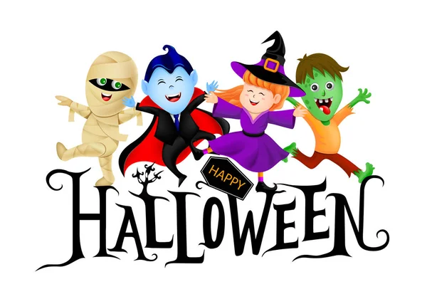 Buon Halloween Lettering Design Con Personaggio Dei Cartoni Animati Carino — Vettoriale Stock