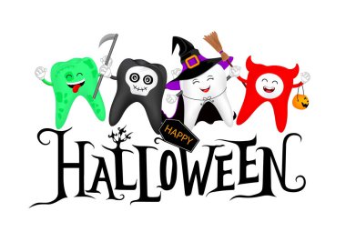 Tatlı bir çizgi film karakteri olan cadılar bayramı harfi tasarımı. Cadı, şeytan, kafatası ve zombi, mutlu Cadılar Bayramı konsepti. Pankart, poster ve tebrik kartı için tasarım. Görüntü.