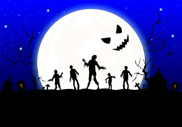 Hintergrundgestaltung Halloween Silhouette Zombies Mit Mondlicht Illustrationsdesign Für Grußkarte Plakatbanner — Stockvektor