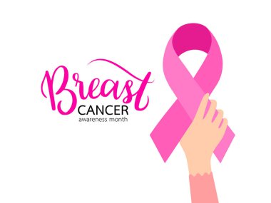 Pembe kurdele sembollü kadın eli. Meme Kanseri Bilinci Ay Kampanyası. Vektör İllüstrasyonu.