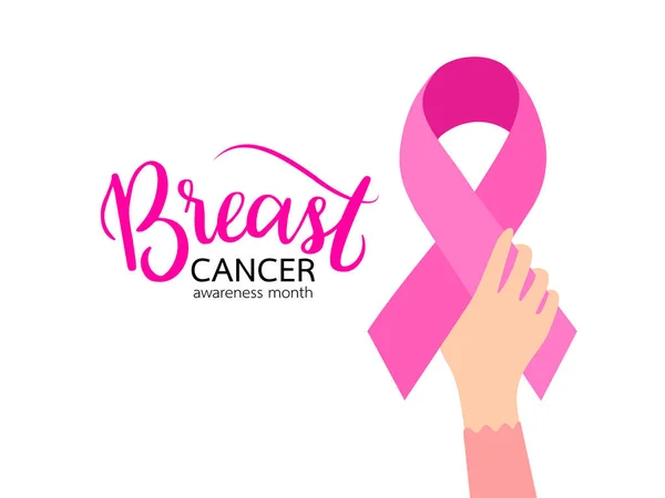 Woman Hand Pink Ribbon Symbol Breast Cancer Awareness Month Campaign — Stock Vector