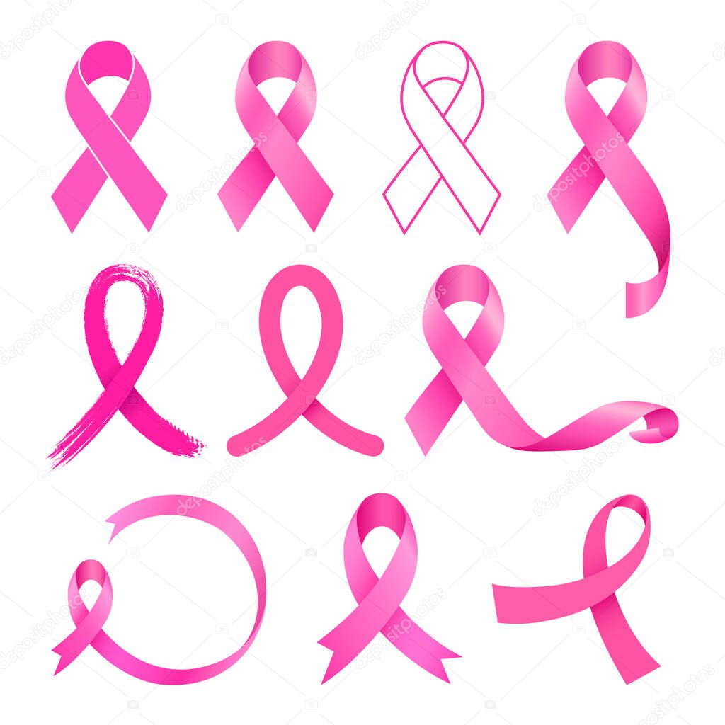 Pink ribbon design set. Breast Cancer Awareness Month. Illustration. 