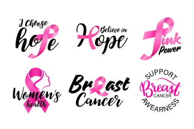 Göğüs kanseri farkındalığı kurdeleleri ve rozetleri. Ekim, dünyada meme kanseri farkındalığıyla geçen bir aydır. Pembe kurdele. Vektör illüstrasyonu.