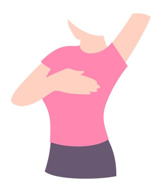 Göğüs muayenesi, otopsi bilgileri. Kadın göğsünü kontrol ediyor. Göğüs kanseri farkındalığı ayı. Vektör illüstrasyonu.