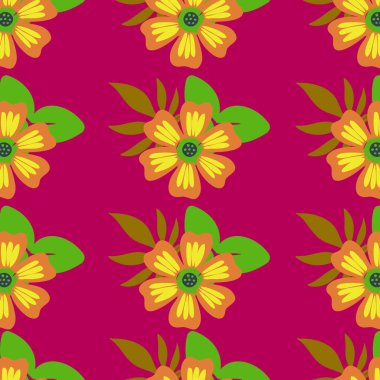 Sarı arkaplanda parlak renkli çiçeklerin kusursuz deseni