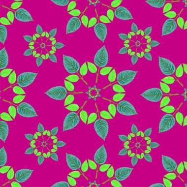 Yeşil yapraklı renkli çiçek deseni