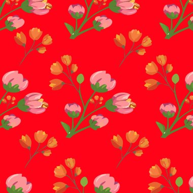 Kırmızı arkaplanda renkli çiçek deseni