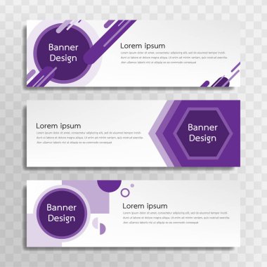 Web için tasarlanmış bir dizi mor pankart şablonu ve üç farklı tasarım için çeşitli başlıklar mevcuttur.
