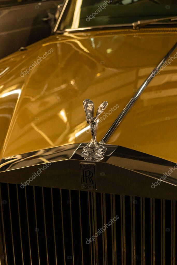 Limassol, Cyprus- December 19, 2024: Spirit of Ecstasy sculpture bonnet mascot on Rolls Royce car front grill closeup displayed at the Cyprus Motor Museum