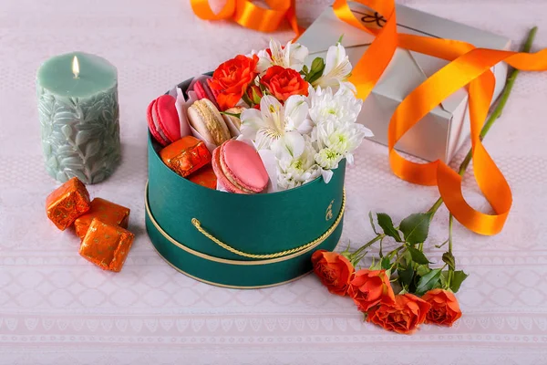 gift set with sweets and flowers