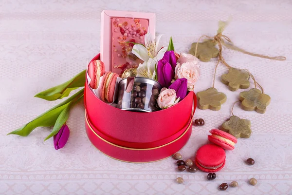 gift set with sweets and flowers