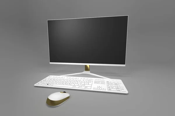 Modern Számítógép Monitor Billentyűzet Egér Íróasztal Render — Stock Fotó