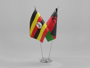 Malawi - Uganda İşbirliği Bayrakları, Beyaz Arkaplan - 3D Render