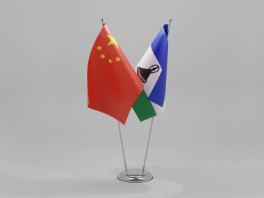 Lesotho - Çin İşbirliği Bayrakları, Beyaz Arkaplan - 3D Render