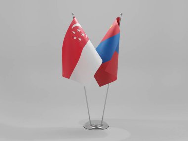 Moğolistan - Singapur İşbirliği Bayrakları, Beyaz Arkaplan - 3D Render