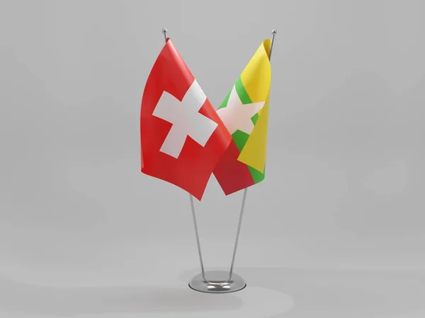 Myanmar Schweiz Kooperationsfahnen Weißer Hintergrund Render — Stockfoto