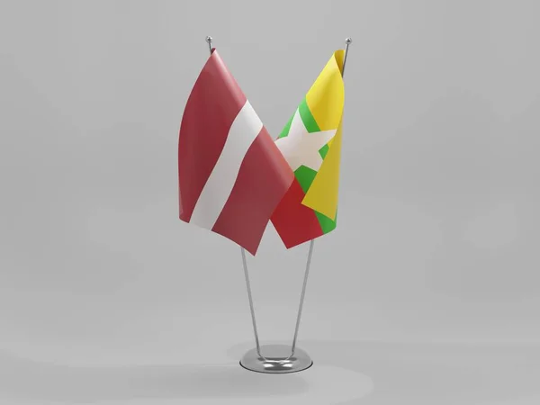 Myanmar Letland Samenwerking Vlaggen Witte Achtergrond Render — Stockfoto