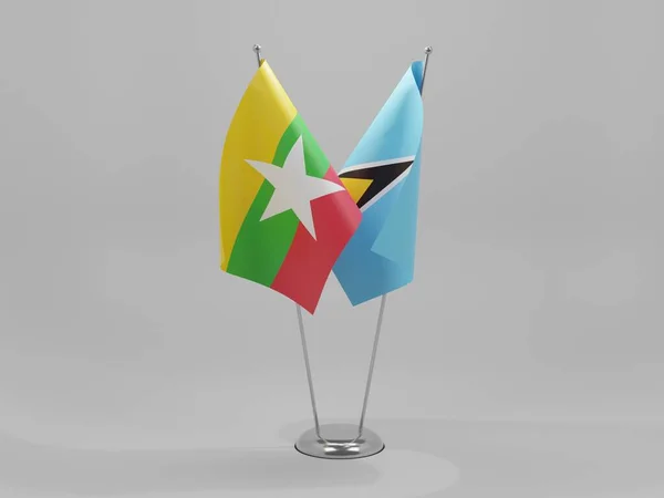 Saint Lucia Myanmar Samenwerkingsvlaggen Witte Achtergrond Render — Stockfoto