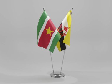Brunei - Surinam Cooperation Flags, Beyaz Arkaplan - 3D Render
