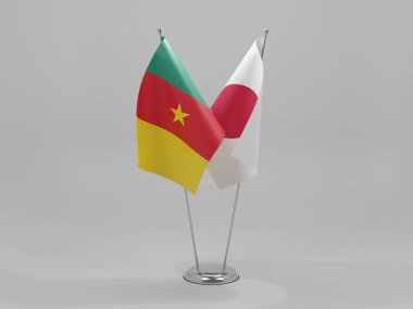 Japonya - Kamerun İşbirliği Bayrakları, Beyaz Arkaplan - 3D Render