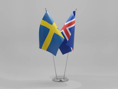 İzlanda - İsveç İşbirliği Bayrakları, Beyaz Arkaplan - 3D Render