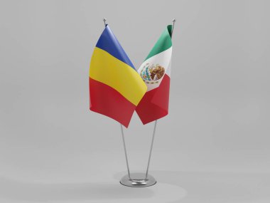 Meksika - Romanya İşbirliği Bayrakları, Beyaz Arkaplan - 3D Hazırlama