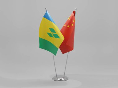 Çin - Saint Vincent ve Grenadines İşbirliği Bayrakları, Beyaz Arkaplan - 3D Yapılandırma