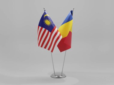 Romanya - Malezya İşbirliği Bayrakları, Beyaz Arkaplan - 3D Hazırlama