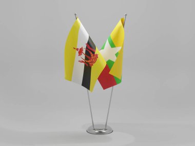 Myanmar - Brunei İşbirliği Bayrakları, Beyaz Arkaplan - 3D Render