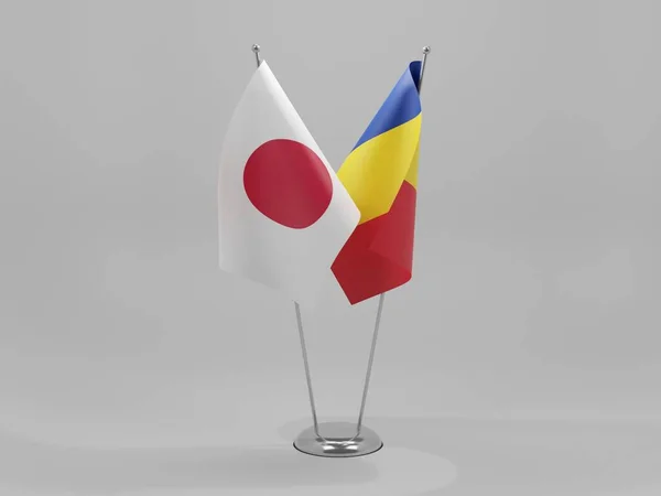 Romênia Bandeiras Cooperação Japão Fundo Branco Render — Fotografia de Stock