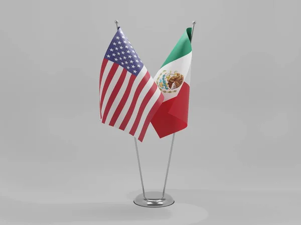 Meksika - Amerika Birleşik Devletleri İşbirliği Bayrakları, Beyaz Arkaplan - 3D Render