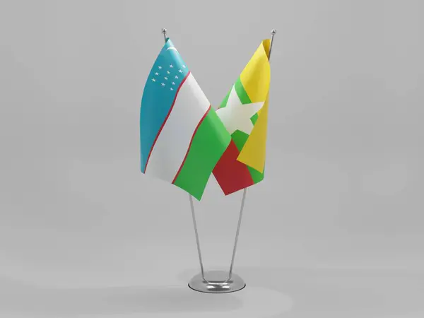 Myanmar Usbekistan Kooperationsfahnen Weißer Hintergrund Render — Stockfoto