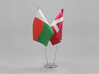 Danimarka - Madagaskar İşbirliği Bayrakları, Beyaz Arkaplan - 3D Render
