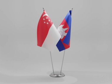 Kamboçya - Singapur İşbirliği Bayrakları, Beyaz Arkaplan - 3D Render