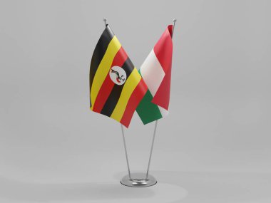 Macaristan - Uganda İşbirliği Bayrakları, Beyaz Arkaplan - 3D Render