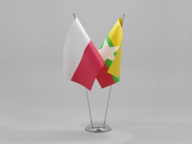 Myanmar - Polonya İşbirliği Bayrakları, Beyaz Arkaplan - 3D Render