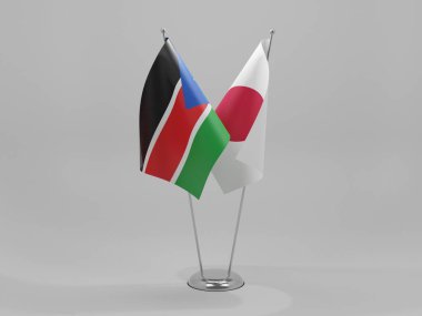 Japonya - Güney Sudan İşbirliği Bayrakları, Beyaz Arkaplan - 3D Render
