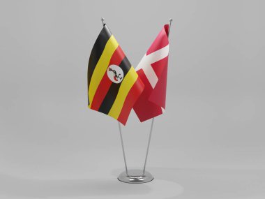 Danimarka - Uganda İşbirliği Bayrakları, Beyaz Arkaplan - 3D Render