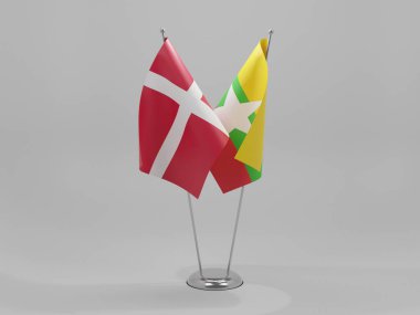 Myanmar - Danimarka İşbirliği Bayrakları, Beyaz Arkaplan - 3D Render