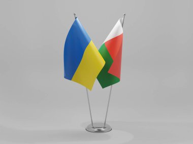 Madagaskar - Ukrayna İşbirliği Bayrakları, Beyaz Arkaplan - 3D Render