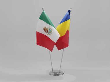 Romanya - Meksika İşbirliği Bayrakları, Beyaz Arkaplan - 3D Hazırlama