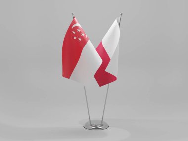 Polonya - Singapur İşbirliği Bayrakları, Beyaz Arkaplan - 3D Render
