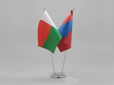 Moğolistan - Madagaskar İşbirliği Bayrakları, Beyaz Arkaplan - 3D Render