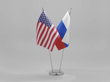 Rusya - Amerika Birleşik Devletleri İşbirliği Bayrakları, Beyaz Arkaplan - 3D Render