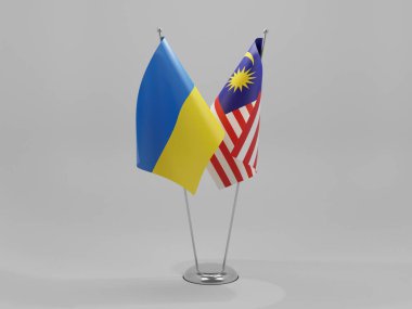 Malezya - Ukrayna İşbirliği Bayrakları, Beyaz Arkaplan - 3D Render