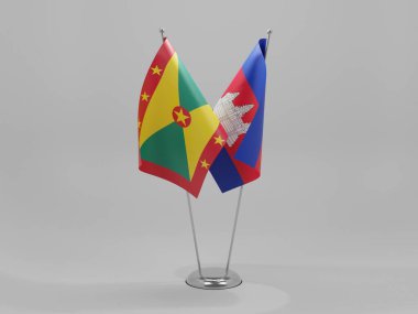Kamboçya - Grenada İşbirliği Bayrakları, Beyaz Arkaplan - 3D Render