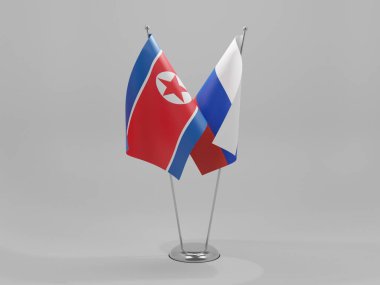 Rusya - Kuzey Kore İşbirliği Bayrakları, Beyaz Arkaplan - 3D Render