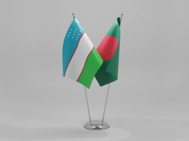 Bangladeş - Özbekistan İşbirliği Bayrakları, Beyaz Arkaplan - 3D Render