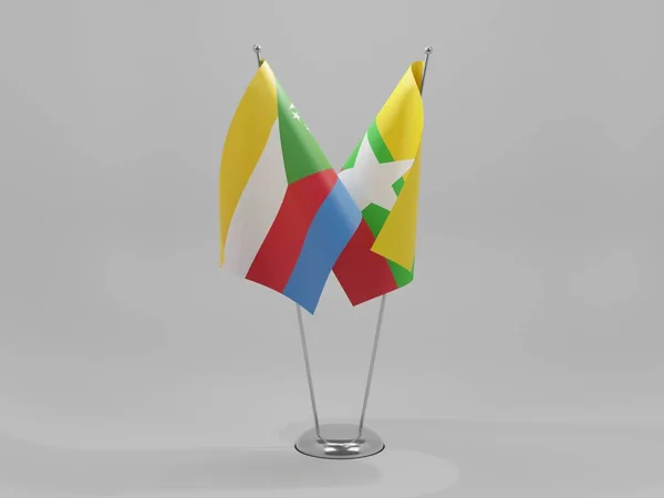 Myanmar Komorské Vlajky Spolupráce Bílé Pozadí Vykreslování — Stock fotografie