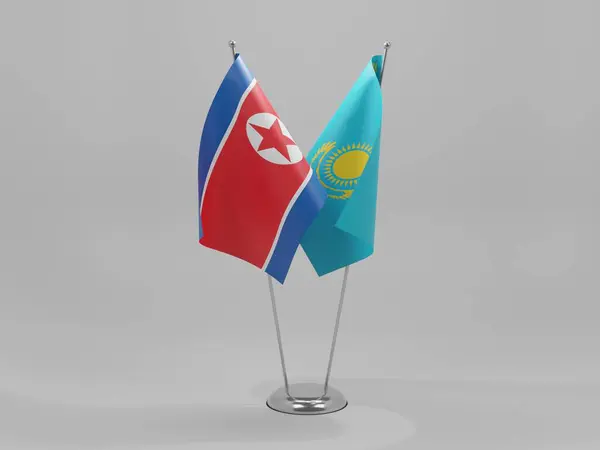 Cazaquistão Bandeiras Cooperação Coreia Norte Fundo Branco Render — Fotografia de Stock